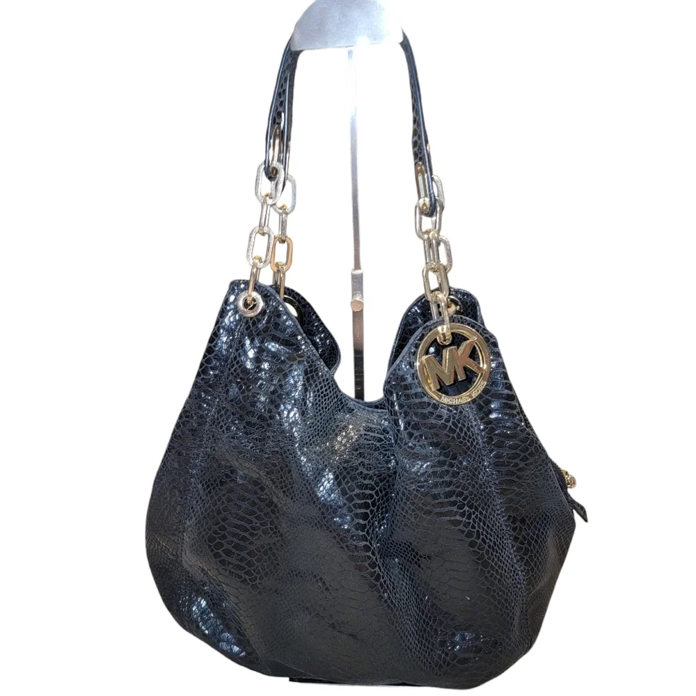 Michael Kors LG Patent Leather Snake Embossed Black Handbag W/Signature Hardware
